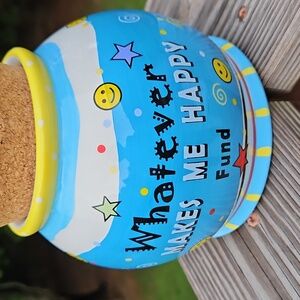 Vintage Handpainted Ceramic Piggy Bank Jar GANZ Blue and Yellow Happy Fund Jar